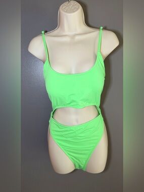 NWT Neon Green Cutout One Piece Swimsuit XL Lace-Up Back High Cut NWT Sexy